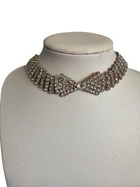 Vintage Clear Rhinestone Bow Choker Necklace Silver Tone Wedding Estate Adj 16.5